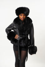 Women's Tina Leather Jacket With Full Fox Trimming With Headband [Black]