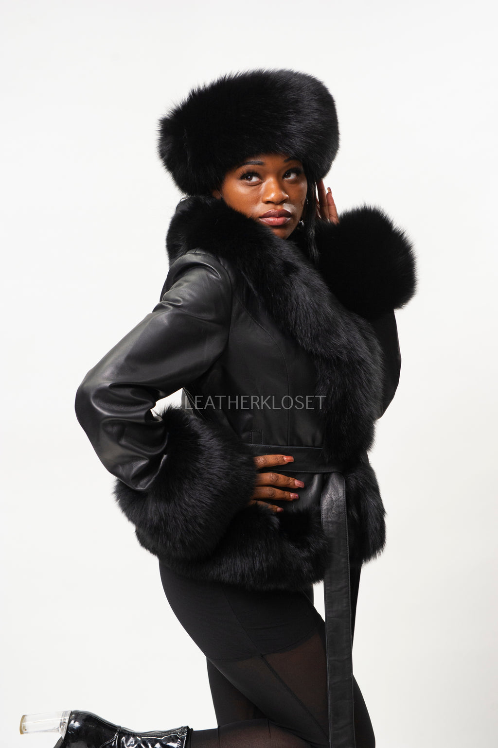 Women's Tina Leather Jacket With Full Fox Trimming With Headband [Black]