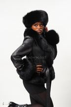 Women's Tina Leather Jacket With Full Fox Trimming With Headband [Black]