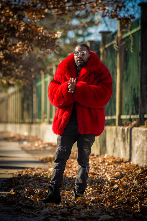 Men's Crystal Fox Fur Bomber Jacket [Red]