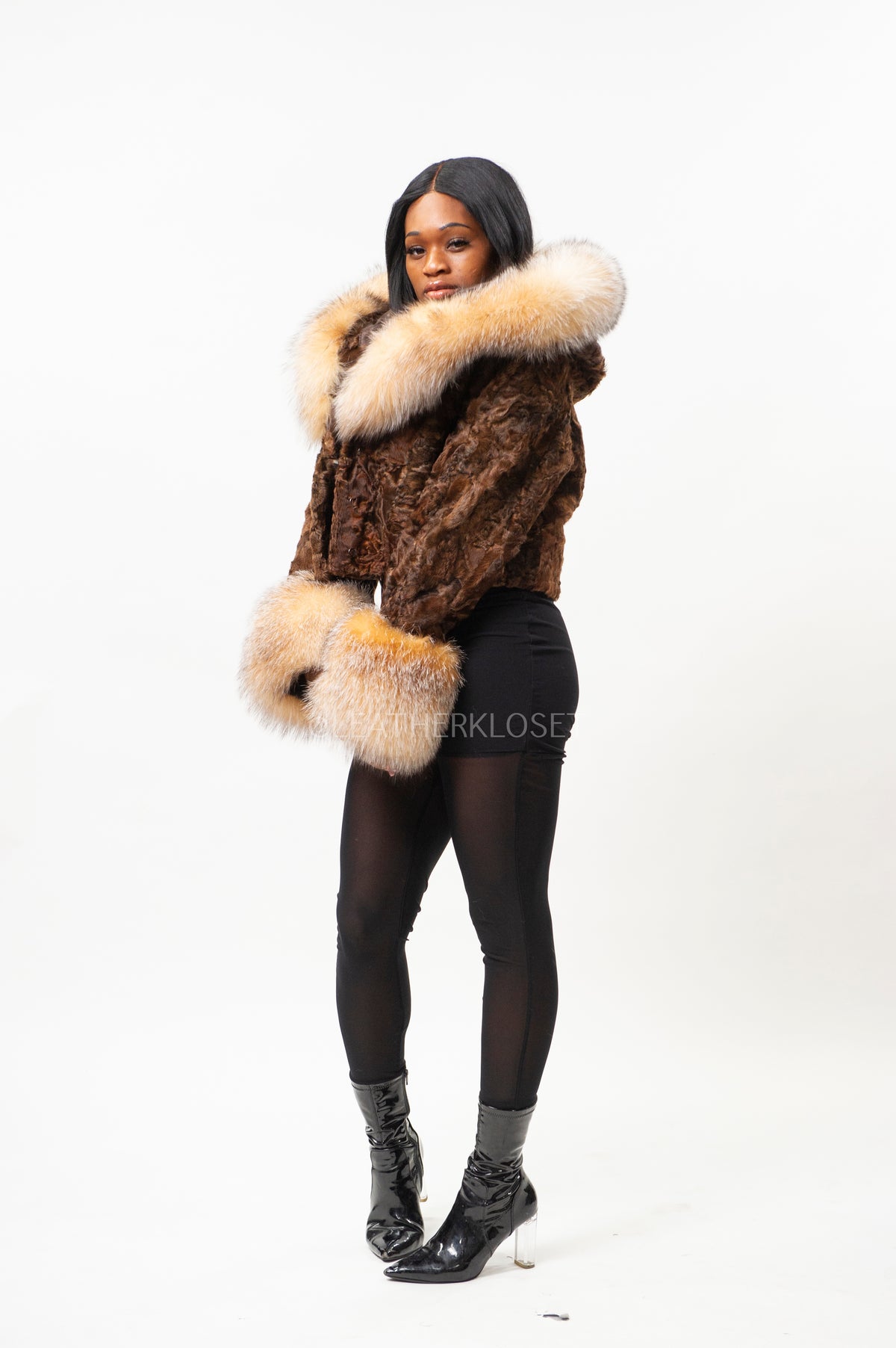 Women's Crop Persian Lamb Bomber With Hood [Chocolate/Crystal]