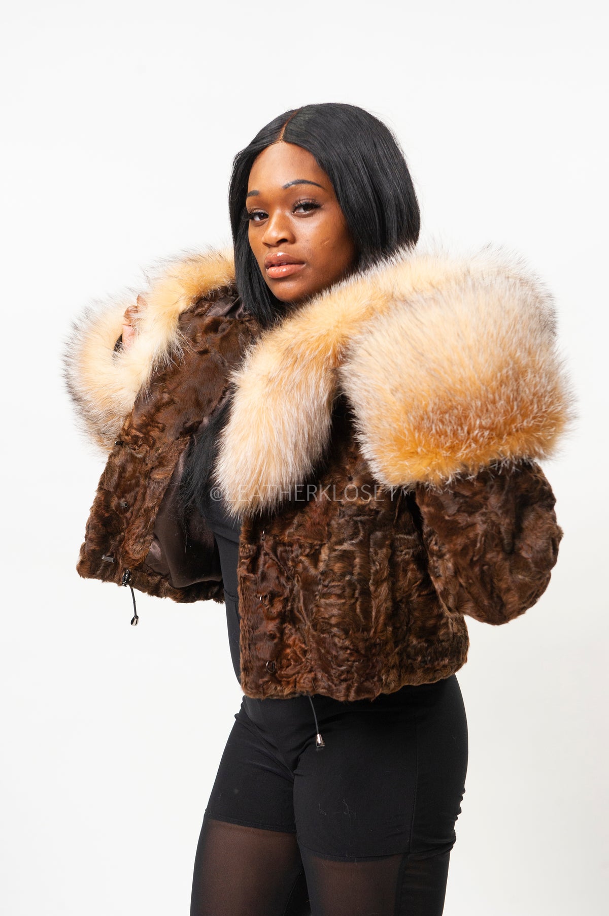 Women's Crop Persian Lamb Bomber With Hood [Chocolate/Crystal]