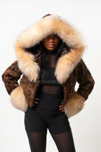Women's Crop Persian Lamb Bomber With Hood [Chocolate/Crystal]