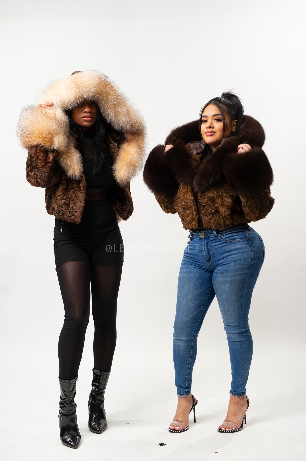 Women's Crop Persian Lamb Bomber With Hood [Chocolate/Crystal]
