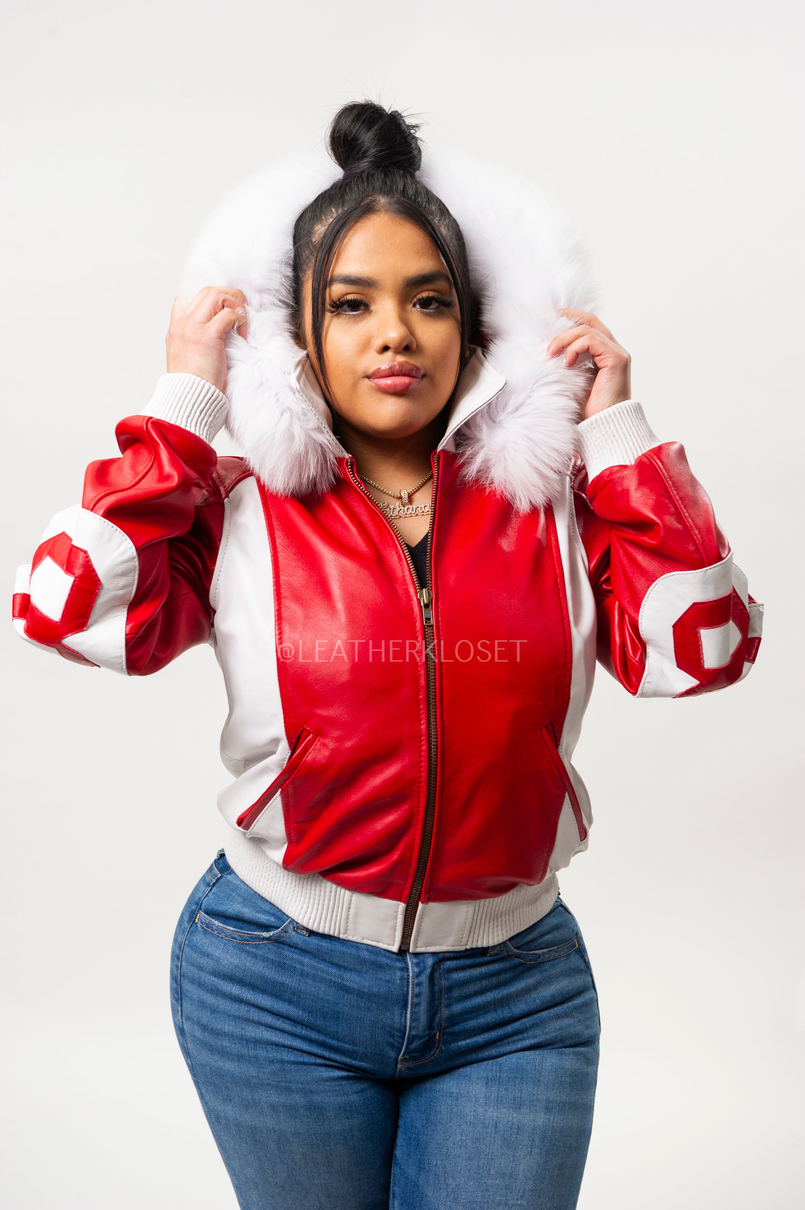 Women's 8 Ball Jacket With Premium Fox Fur Hood [White/Red
