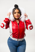 Women's 8 Ball Jacket With Premium Fox Fur Hood [White/Red]