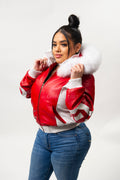 Women's 8 Ball Jacket With Premium Fox Fur Hood [White/Red]