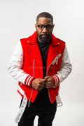Men's Classic Wool And Leather Biker Jacket [Red/White]