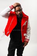 Men's Classic Wool And Leather Biker Jacket [Red/White]