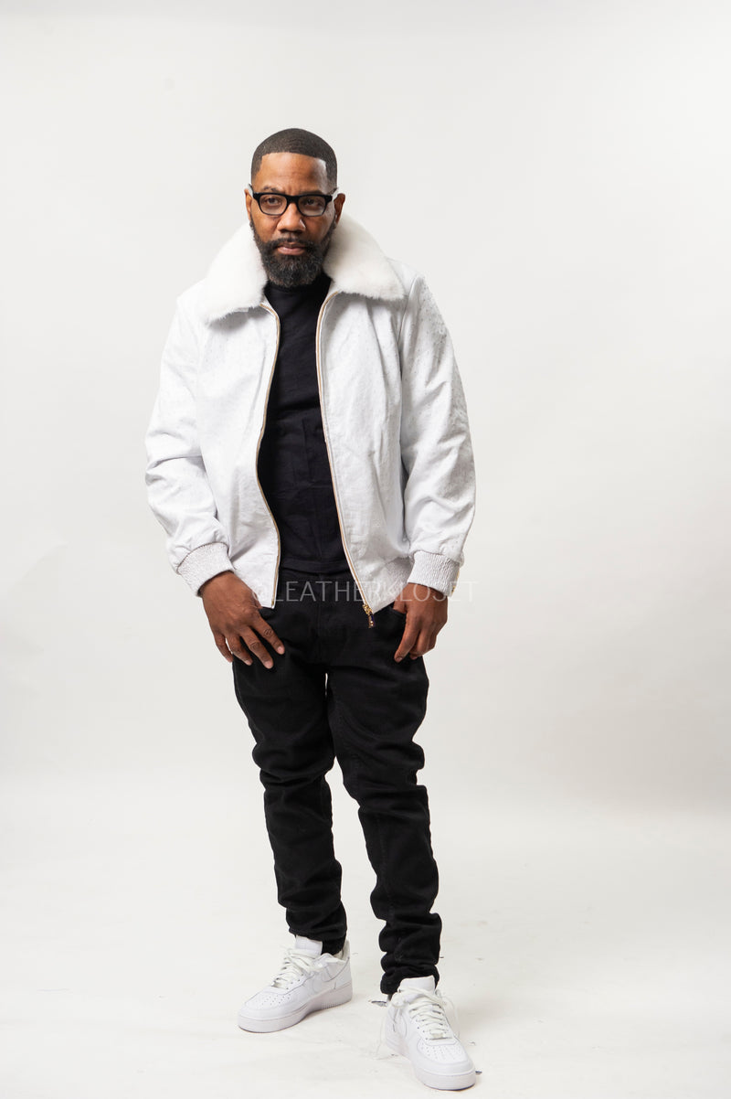 Men's Real Ostrich Leather Bomber Jacket [White]