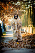 Women's Long Length Fox Fur Trench Coat With Hood [Gold]