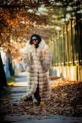 Women's Long Length Fox Fur Trench Coat With Hood [Gold]