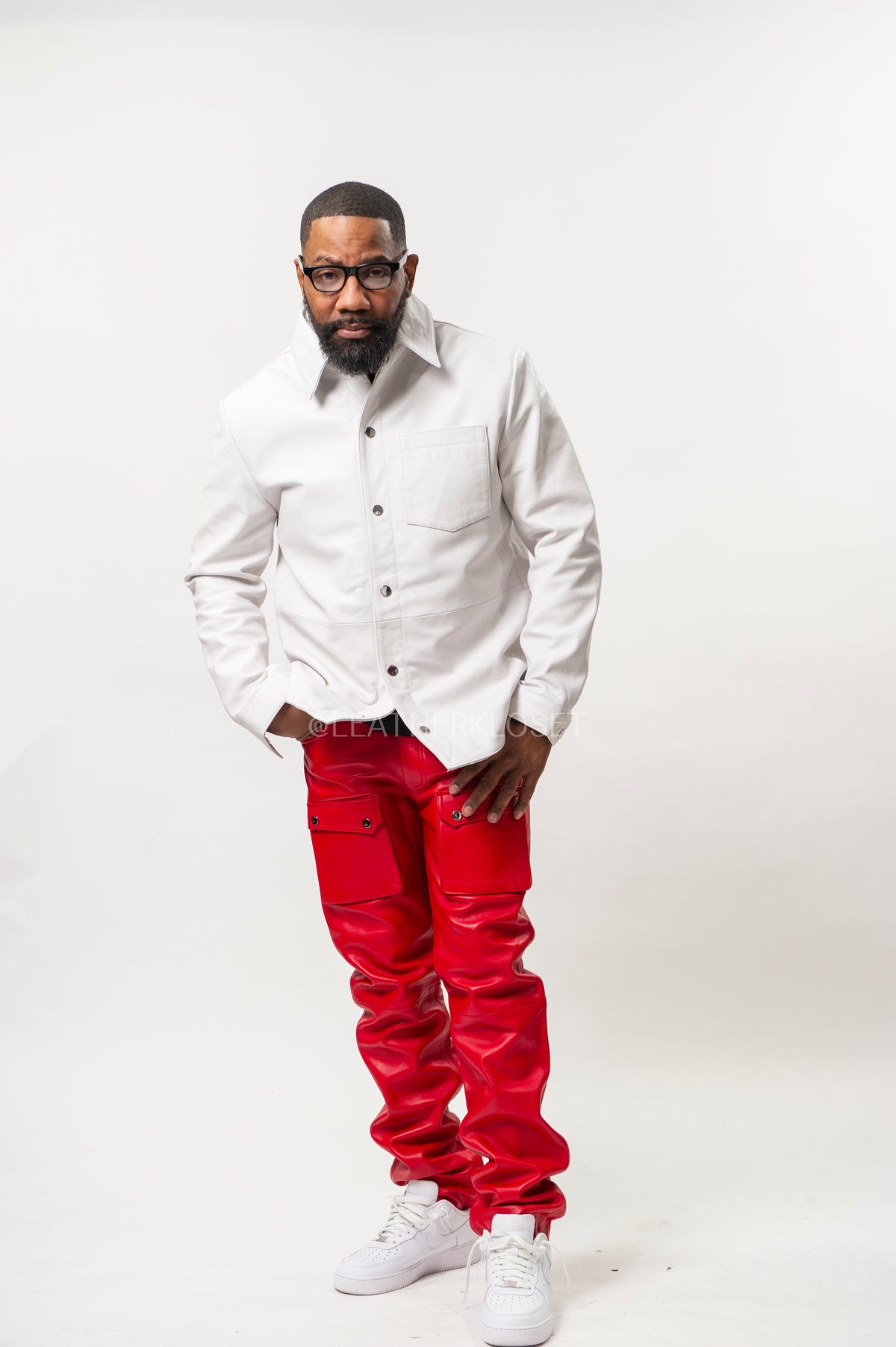 Men's Luka Leather Shirt And Pants Set [White/Red]