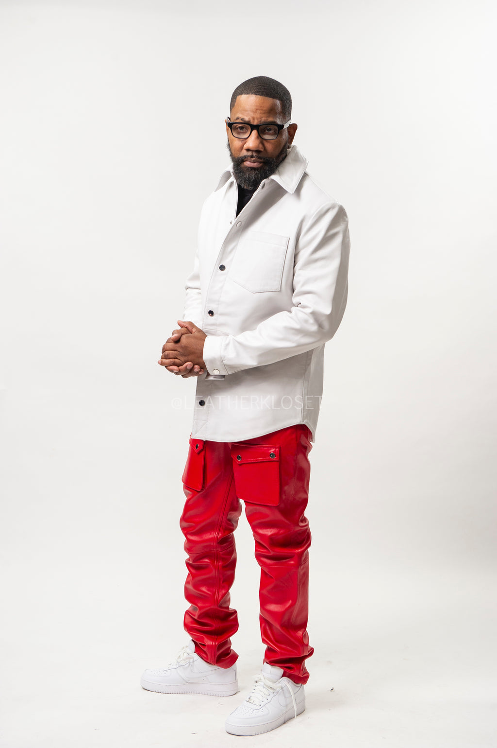Men's Luka Leather Shirt And Pants Set [White/Red]