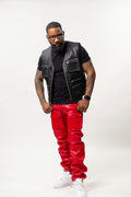 Men's Leather Tactical Vest With Leather Cargo Pants Red/Black [Slim-Cut]