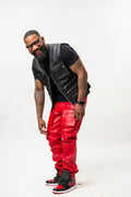Men's Leather Tactical Vest With Leather Cargo Pants Red/Black [Slim-Cut]