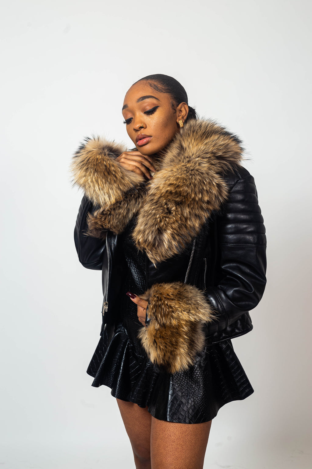 Women's Jay Biker Full Raccoon Collar And Cuff