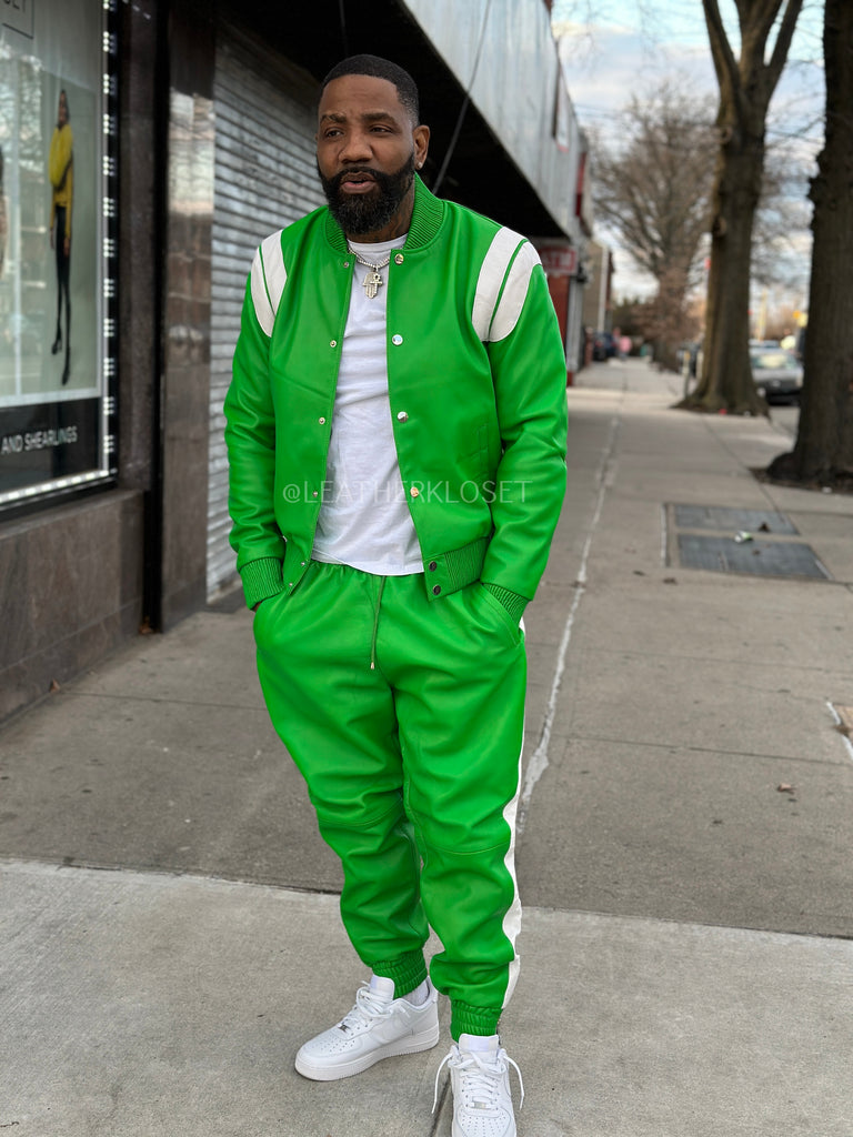 Men's Liam Leather Track Suit [Green/White] – LeatherKloset