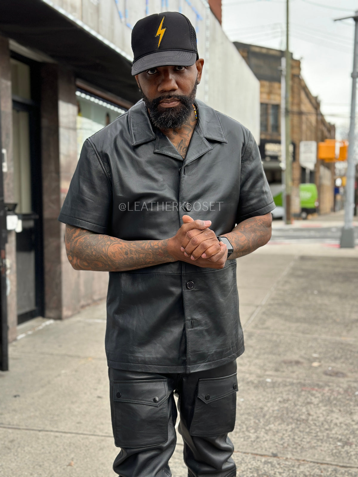 Men's Summer In Miami Luka Leather Short Sleeve Shirt [Charcoal]