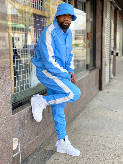 Men's Leather Track Suit Sweatsuit [Baby Blue/White]
