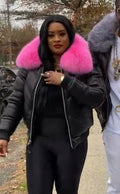 Women's V-Bomber Black Premium Fox Fur Collar [Pink Fur]