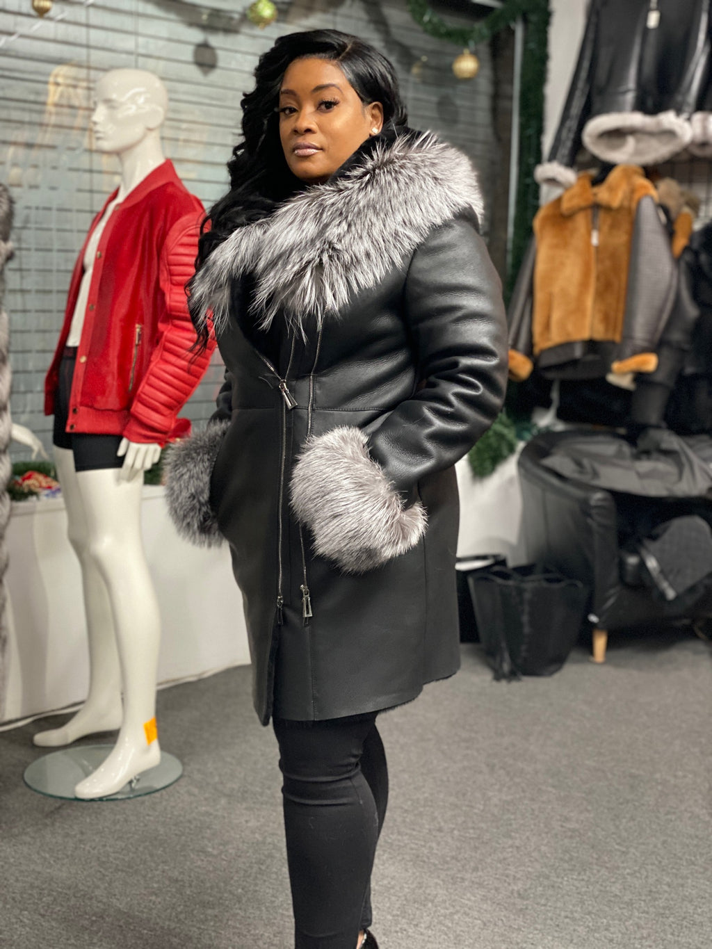 Women's Real Sheepskin 3/4 Coat With Fox