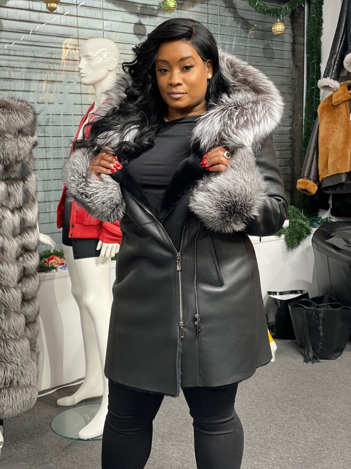 Women's Real Sheepskin 3/4 Coat With Fox