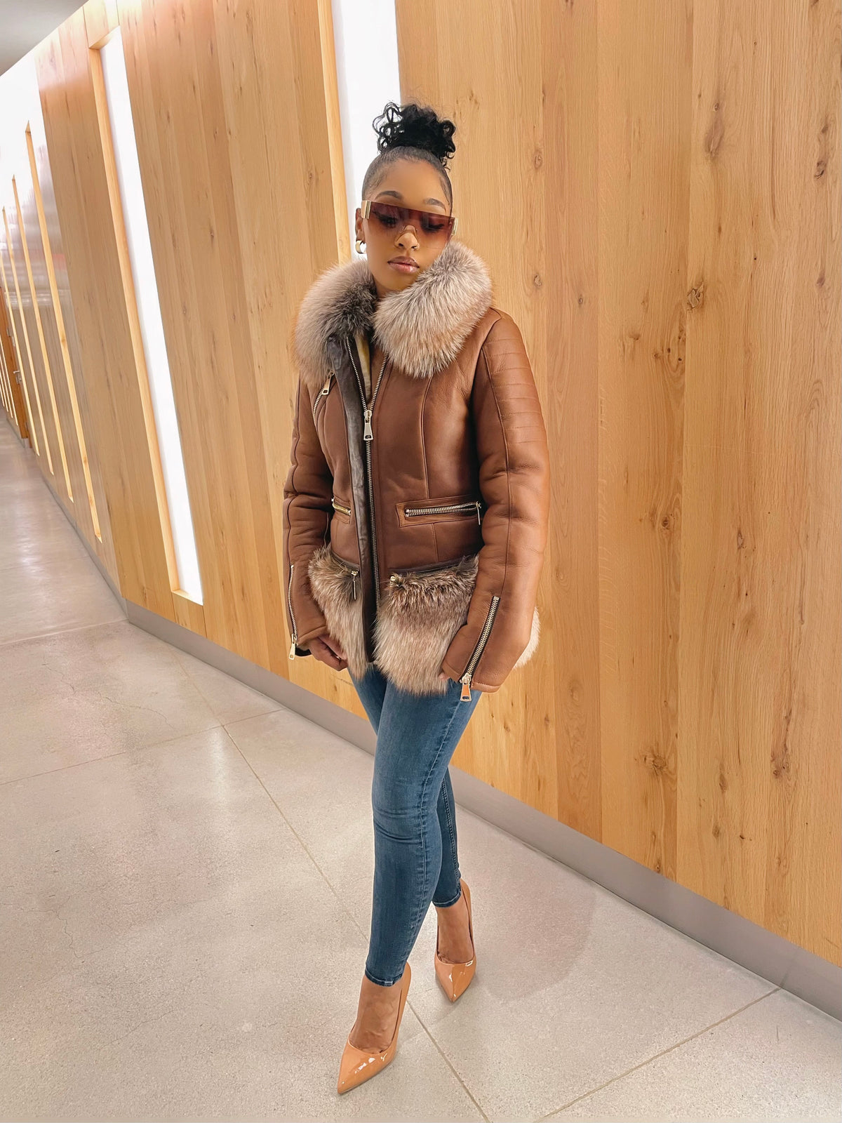 Women's Sophia Real Sheepskin Jacket With Fox [Tan]