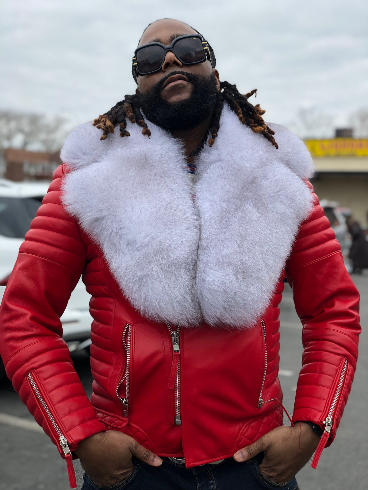 Men's Jay Biker Jacket Red With Full Siberian Fox Collar