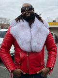 Men's Jay Biker Jacket Red With Full Siberian Fox Collar