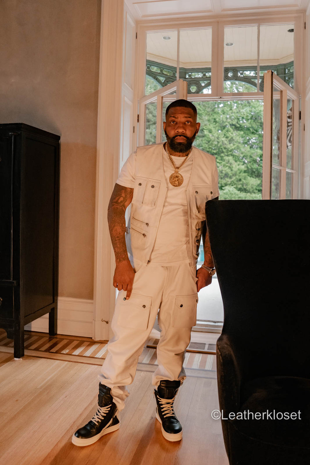 Men's Leather Tactical Vest With Leather Cargo Pants White [Slim-Cut]