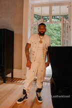 Men's Leather Tactical Vest With Leather Cargo Pants White [Slim-Cut]