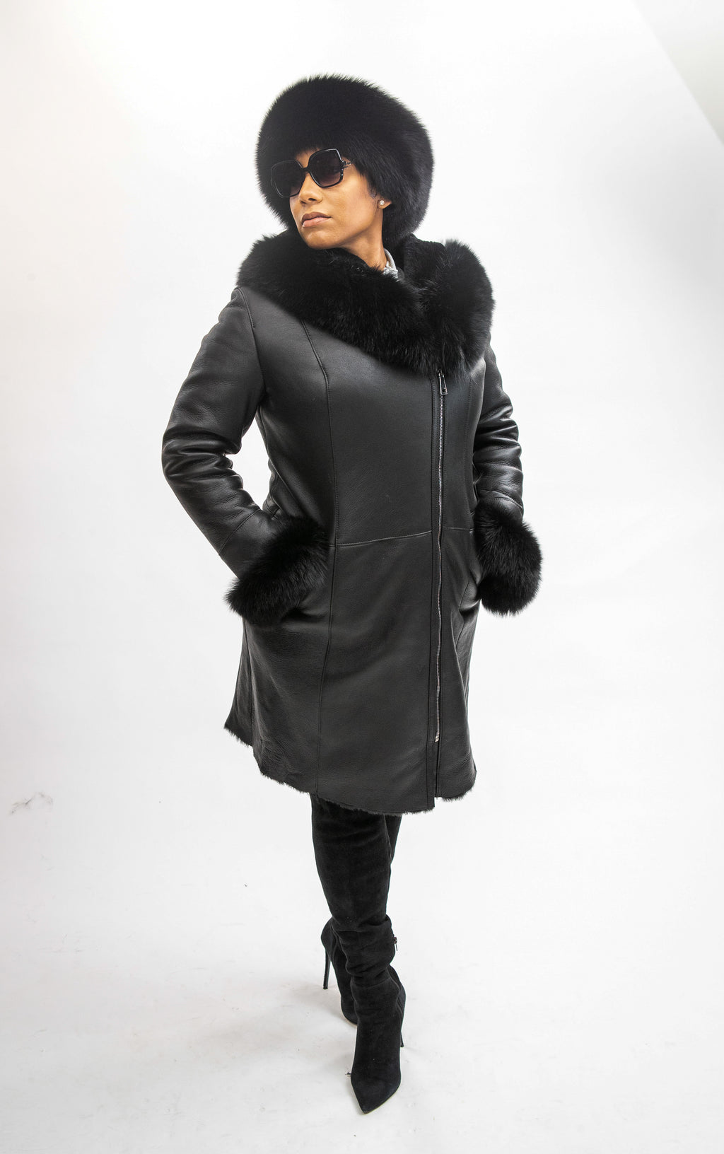 Women's Vivian Real Sheepskin 3/4 Coat With Fox [Black Fox]