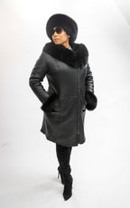 Women's Vivian Real Sheepskin 3/4 Coat With Fox [Black Fox]