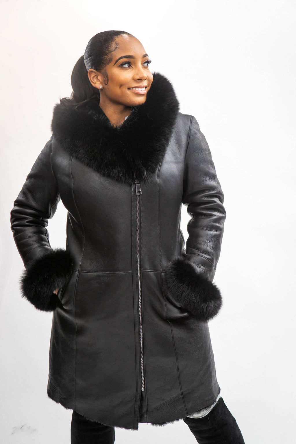 Women's Vivian Real Sheepskin 3/4 Coat With Fox [Black Fox]