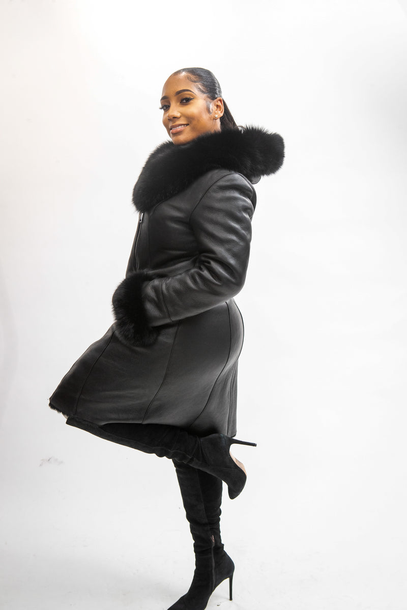 Women's Vivian Real Sheepskin 3/4 Coat With Fox [Black Fox]