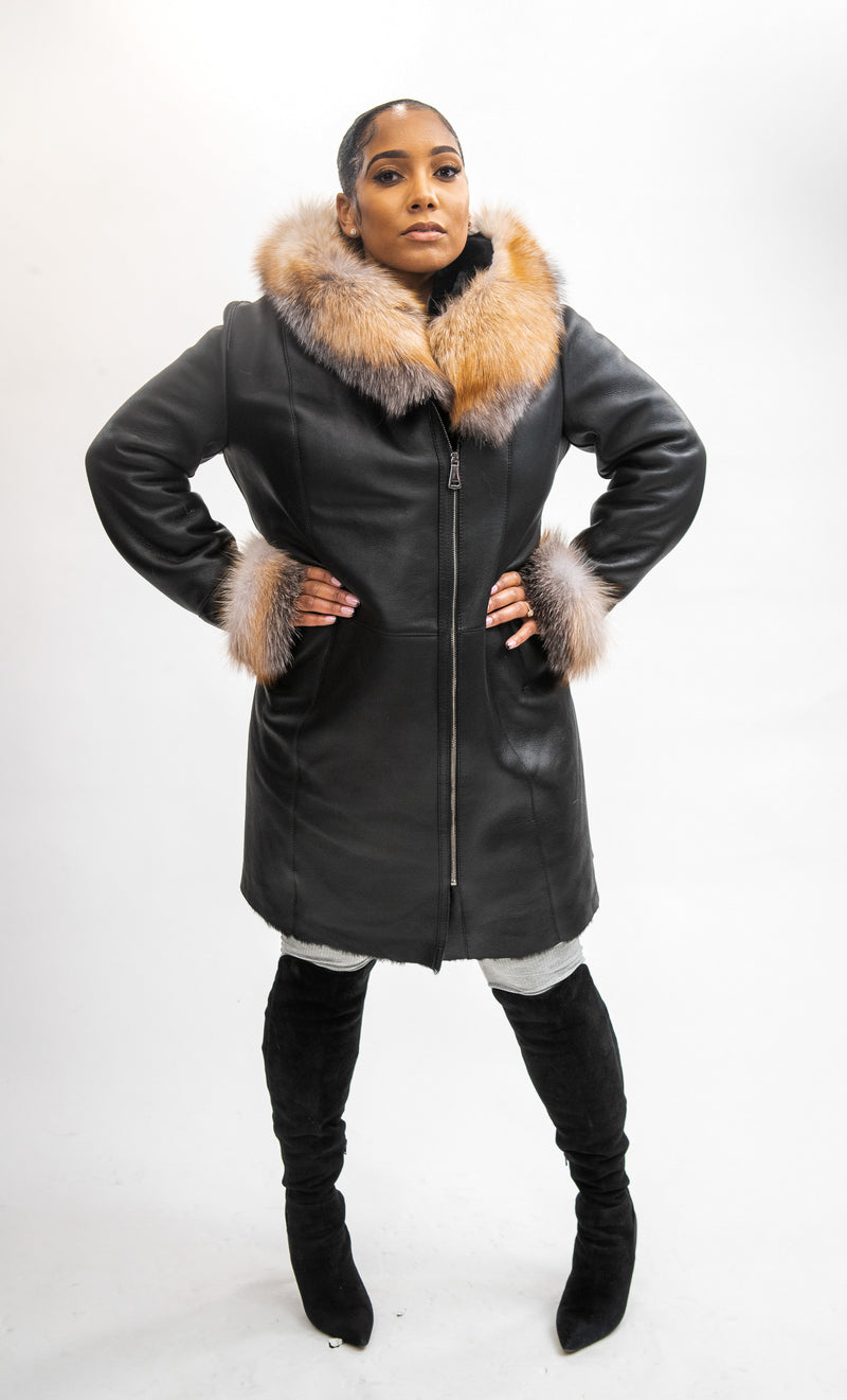 Women's Vivian Real Sheepskin 3/4 Coat With Fox [Crystal Fox]
