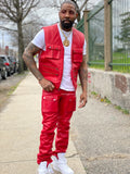 Men's Leather Tactical Vest With Leather Cargo Pants Red [Slim-Cut]
