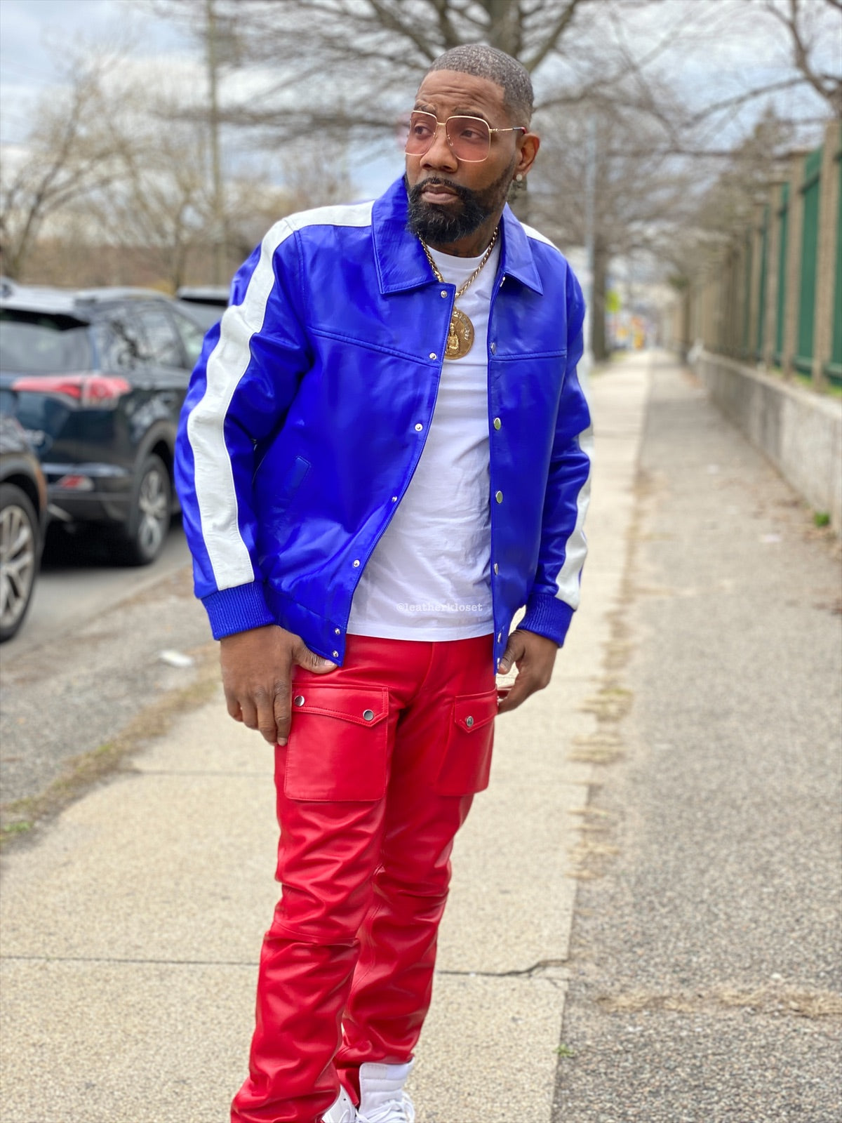 Men's Leather Track Jacket And Pants Set [Royal Blue/Red