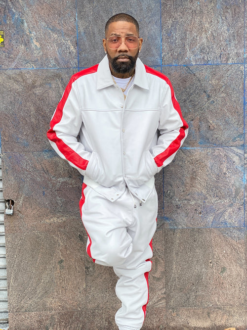 Men's Leather Track Suit Sweatsuit [White/Red]