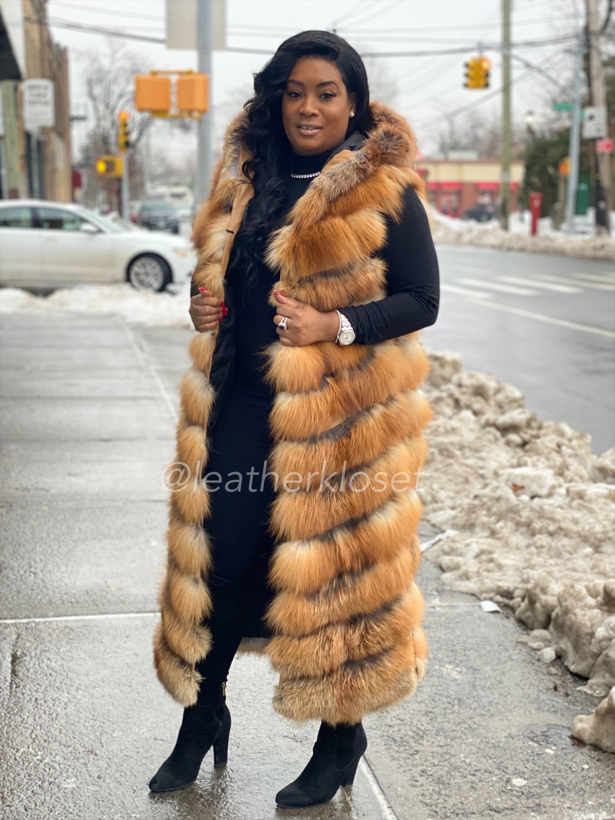 洋楽 24-7 & The Hoodfellas / Let's Have It Women's Long Red Fox Fur Vest With Hood – LeatherKloset