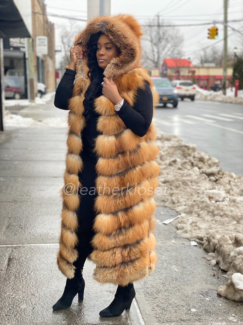 Women's Long Red Fox Fur Vest With Hood