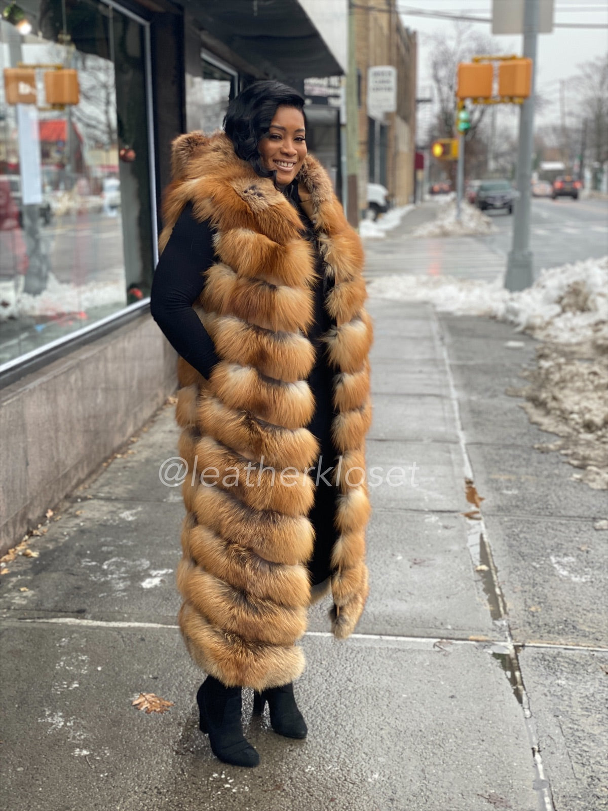 Women's Long Red Fox Fur Vest With Hood