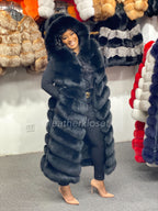 Women's Long Black Fox Fur Vest With Hood