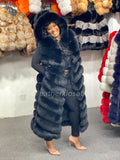 Women's Long Black Fox Fur Vest With Hood