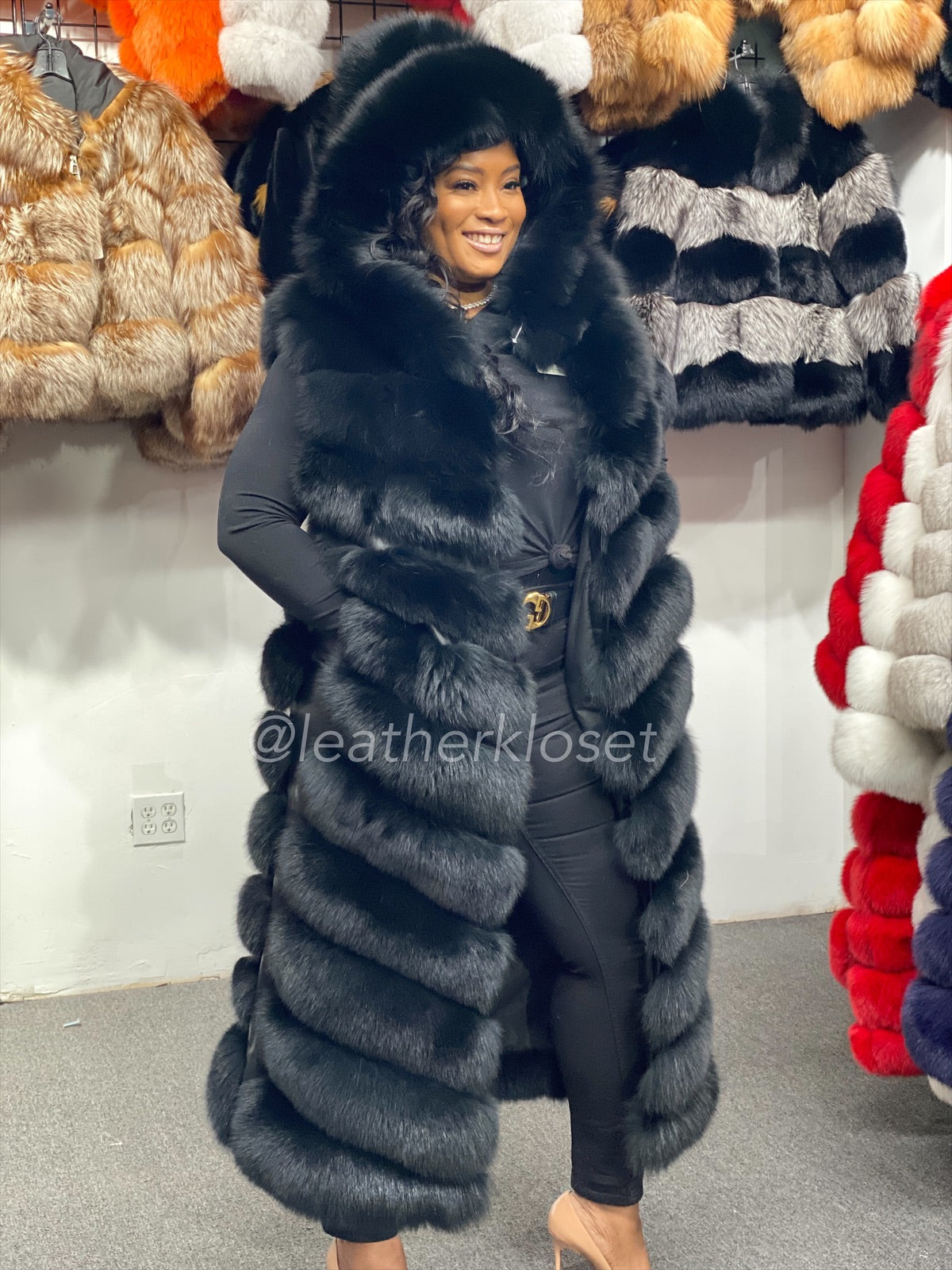 Women's Long Black Fox Fur Vest With Hood