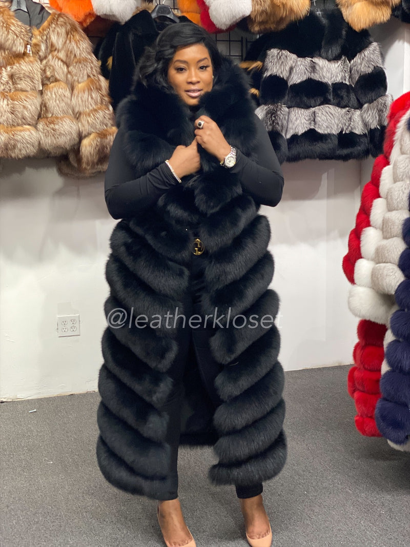 Women's Long Black Fox Fur Vest With Hood