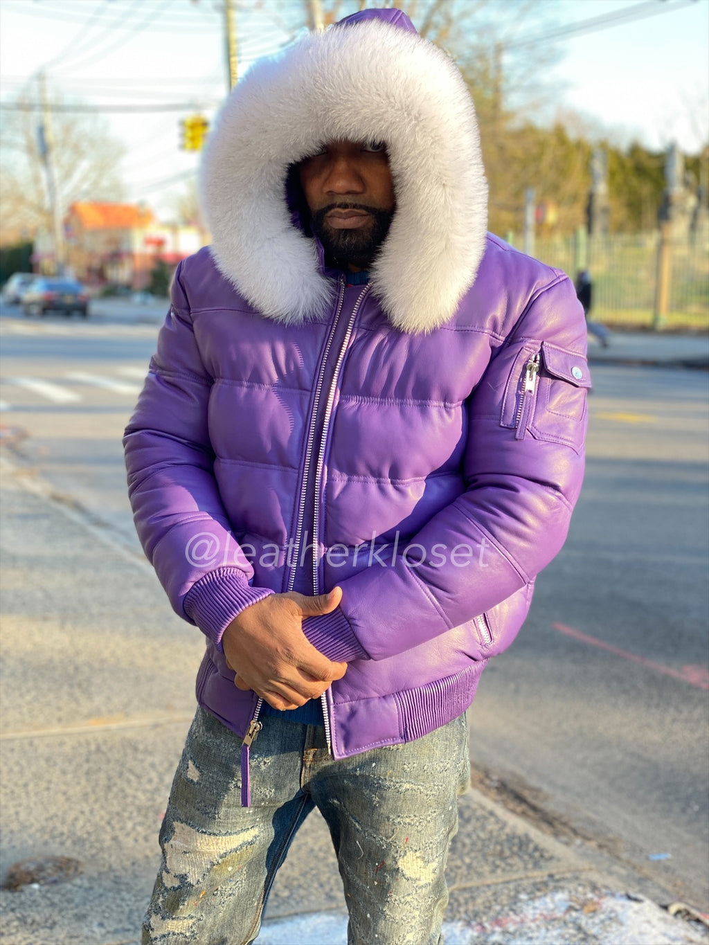 Men’s Aspen Leather Bubble Bomber Jacket [Purple/White Fox]