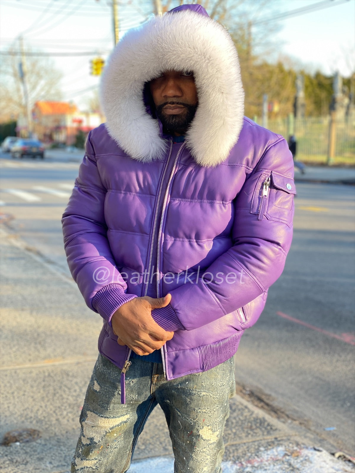 Men’s Aspen Leather Bubble Bomber Jacket [Purple/White Fox]