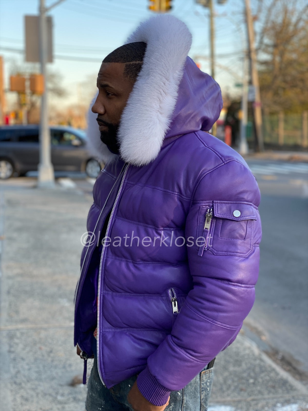 Men’s Aspen Leather Bubble Bomber Jacket [Purple/White Fox]